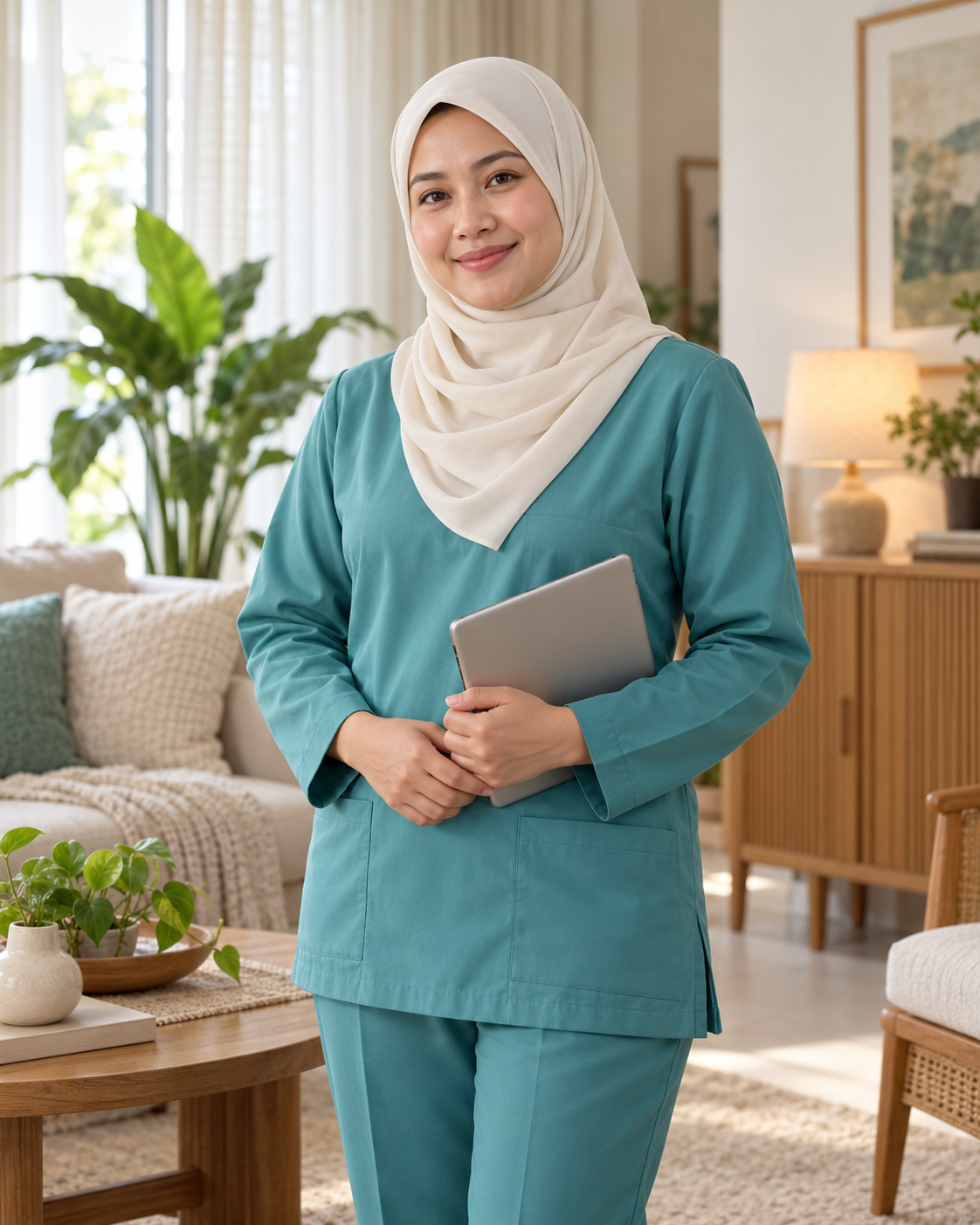 Visual AI jururawat berpakaian sopan dalam rumah yang terang